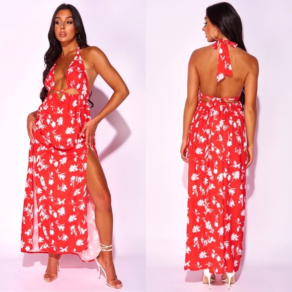 Dresses & Skirts - Red Floral Print Sleeveless V-Neck Halter Neck Backless Cutout Slit Maxi Dress
